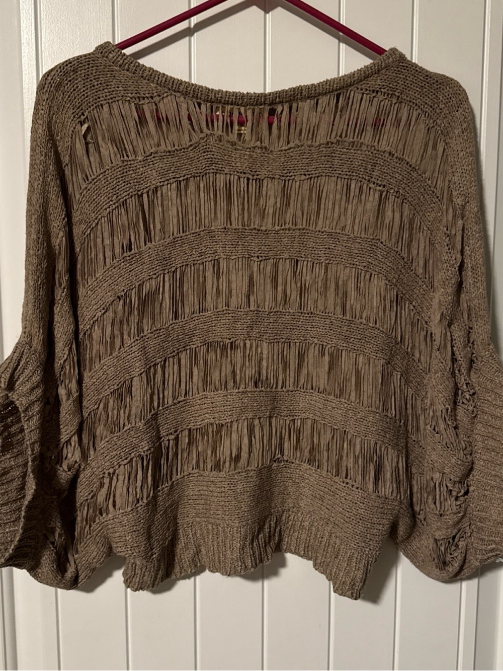 Women’s Double Zero Fringe Stripe Scoop Neck Sweater Ruching Taupe Sz S